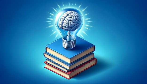 Wissenserleuchtung Gehirn-Glühbirne auf gestapelten Büchern