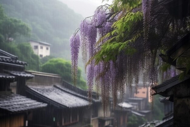 Wisteria colgando de un árbol bajo la lluvia