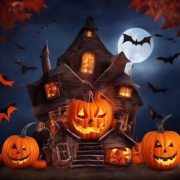 Witch Haunted House luz abóboras morcegos Halloween Holiday Design cabeça de abóbora assustadora