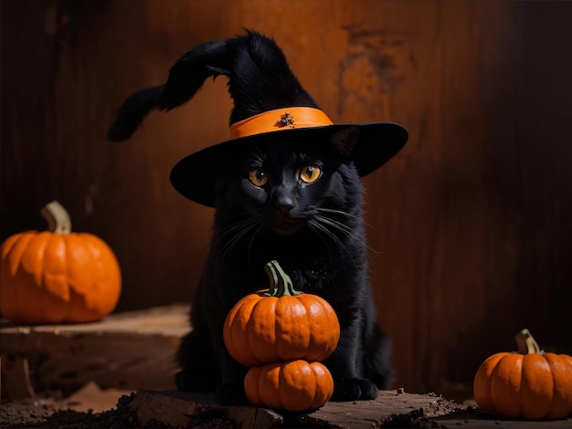 Witchy gato preto com abóboras laranja