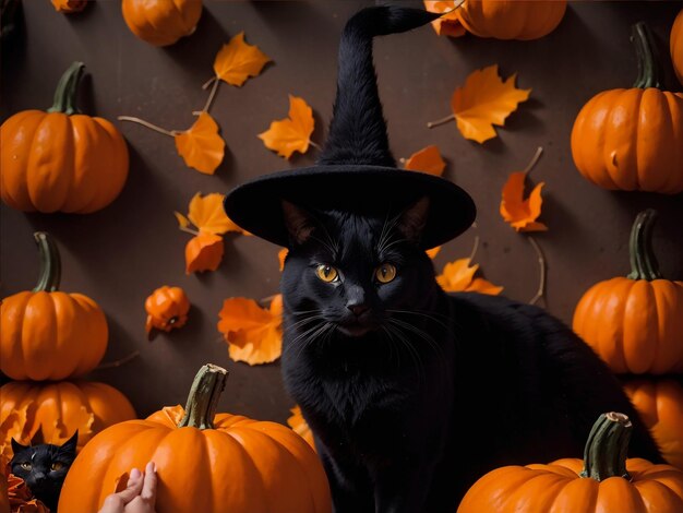 Witchy gato preto com abóboras laranja