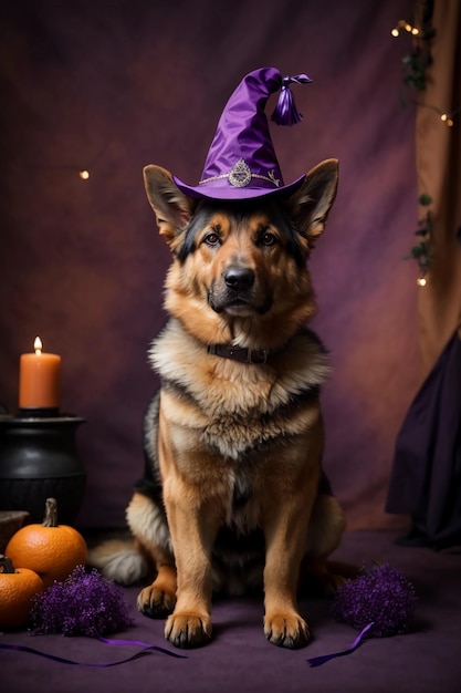 Foto witchy guardian adorável pastor alemão vestido para a noite de halloween