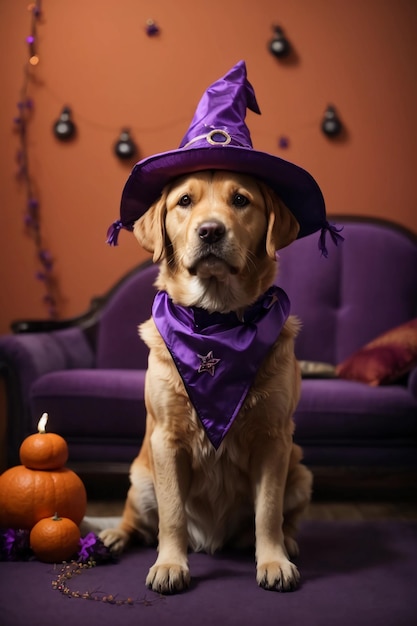 Witchy Whisker maravilha o adorável Labrador Retriever na cena de Halloween