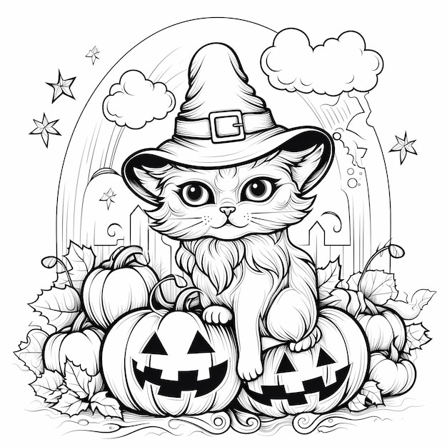 Witchy Whiskers Halloween-Katze-Malseite mit Kürbis und Hut