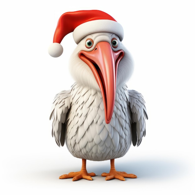 Witzige 3D-Illustration eines Pelikans, der einen Weihnachtsmannshut trägt