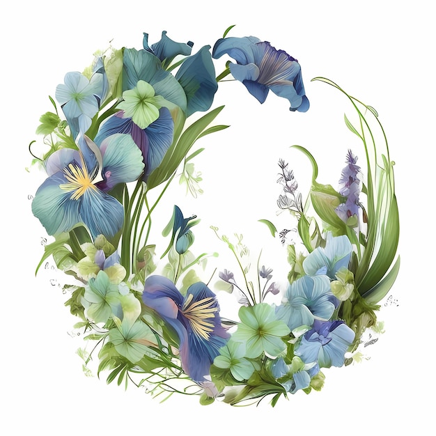 Witzige Aquarellblüten Ein leichtes C-förmiges Blumenarrangement Blaue Iris Mehr