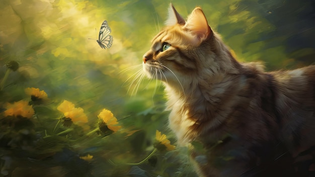Witzige Begegnung Katze und Schmetterling in einem Garten Katze in der Graskatze im Garten