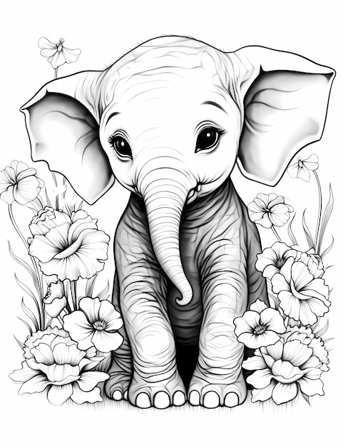 Witzige Blüten Schwarz-Weiß Baby Elefant Färbung Magie