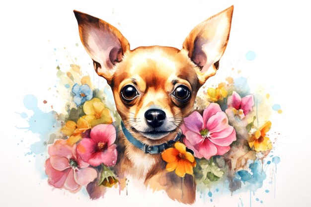 Witzige Frühlingshund Aquarell Chihuahua Welpe in einer niedlichen Blumenszene Zeichnung Kunstwerk Konzept