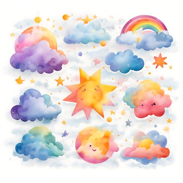Witzige Himmelswunder Aquarell Cartoon von Wolken und Regenbogen Freude