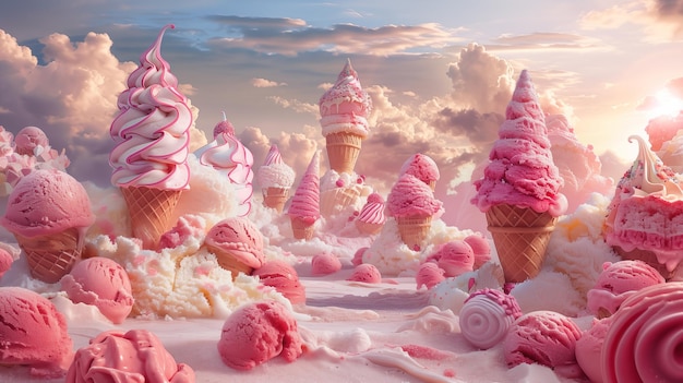 Foto witzige süße märchenhafte landschaft mit rosa eiscreme-kegeln und schuppen kindheitstraum