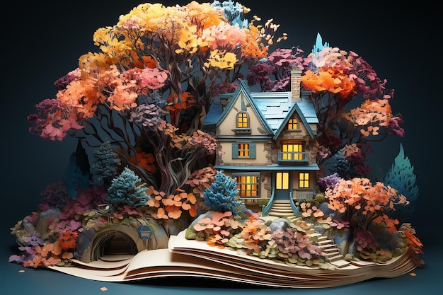 Witzige Welten Der Baum und ein Haus auf einem offenen Buch mit Bäumen im Hintergrund