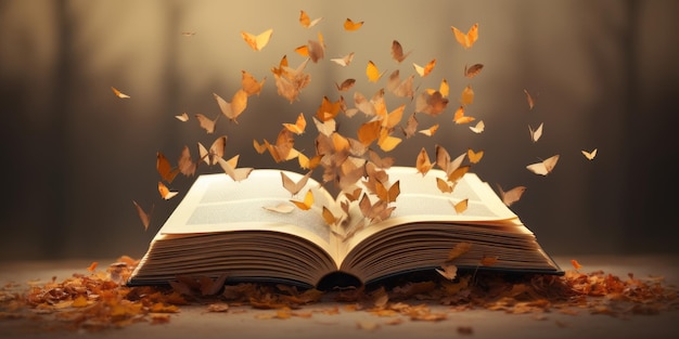 Witzige Wunder Fliegen Bücher und Herbstblätter, die mit dem Wind schwanken