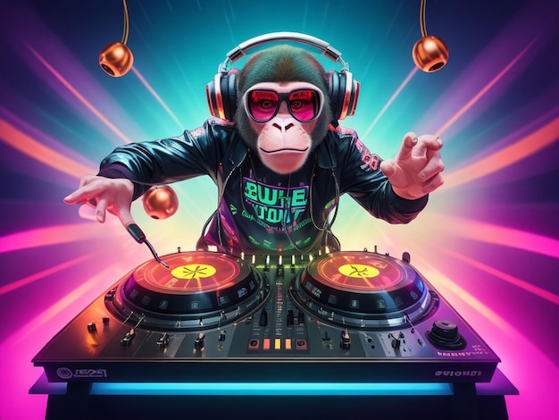 Witziger Affen-DJ am Drehtisch-Konsole-Disco-EdM-Party-Nachtclub-Illustration Ai-generiertes Bild