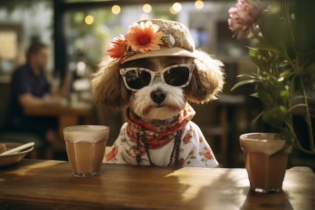 Witziger Hund mit Sonnenbrille und Hut sitzt im Café mit einer Tasse Kaffee Haustier freundliches Konzept