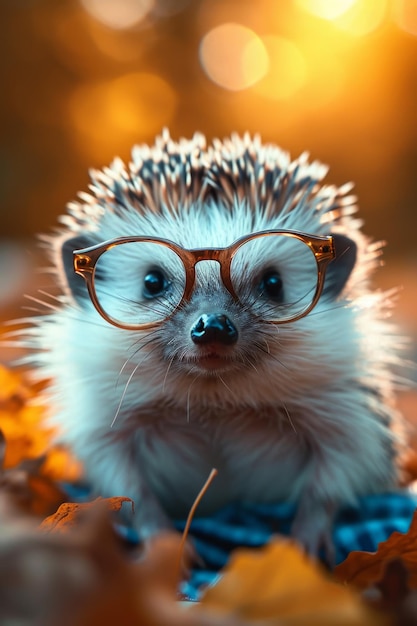 Witziger Igel mit Brille im Herbstwald 3D-Illustration