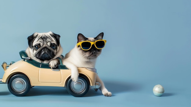 Witziger Mops und Katze mit Sonnenbrille in einem Spielzeugwagen auf hellblauem Hintergrund Generative KI