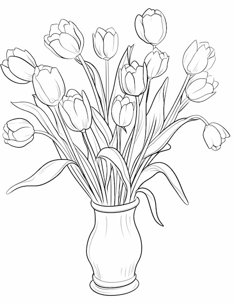 Witziger Tulpenblumenstrauß CartoonStyle Malseite für entspannte Erwachsene