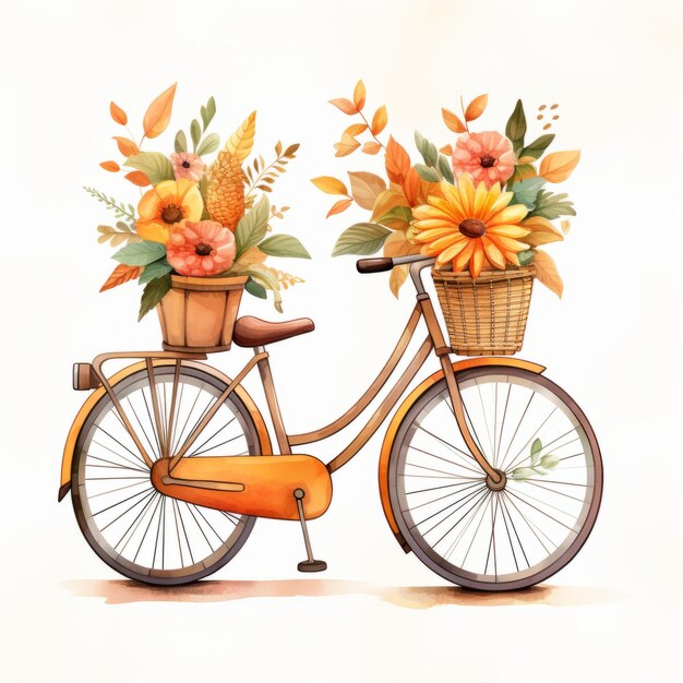 Witziges Herbstfahrrad entzückendes Blumen-Clipart in angenehmen Pastellen Einfaches Cartoon-Design auf einem W