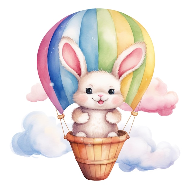 Witziges Kaninchen in Heißluftballon Aquarell Clipart für fröhliche Baby-Geburtstagsfeiern