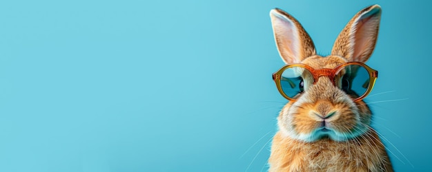 Witziges Kaninchen mit Sonnenbrille auf blauem Hintergrund schrillerisches Tierporträt Osternkonzept