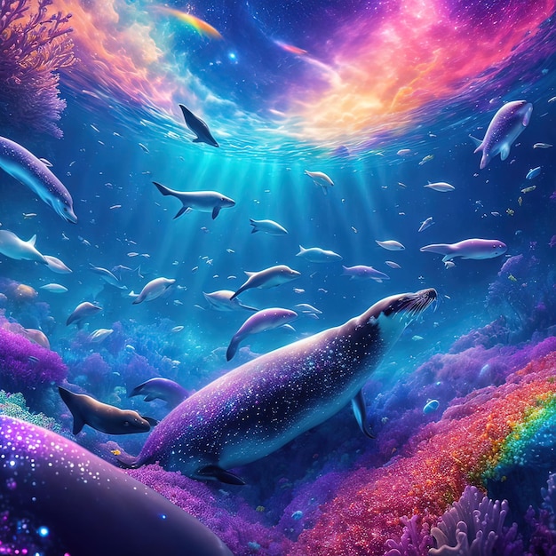 Witziges Unterwasser-Wunderland Tiere fischen einen Mann in einem Raumanzug in der Unterwasserwelt