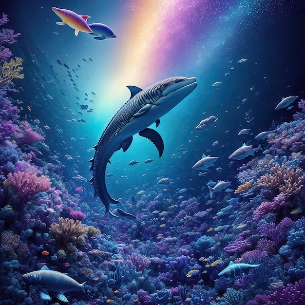Witziges Unterwasser-Wunderland Tiere fischen einen Mann in einem Raumanzug in der Unterwasserwelt