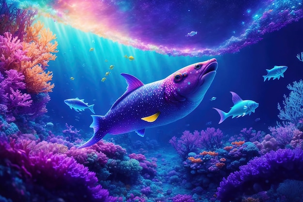 Witziges Unterwasser-Wunderland Tiere und Weltraum Anzüge in der Galaxie im Wasser und in voller Farbe