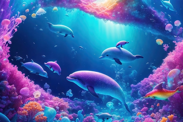 Witziges Unterwasser-Wunderland Tiere und Weltraum Anzüge in der Galaxie im Wasser und in voller Farbe