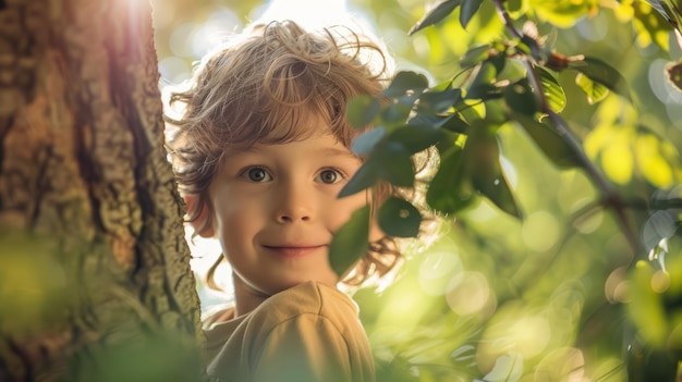 Witziges Versteck-Abenteuer Offenes Schuss eines schelmischen jungen Jungen, der aus dem Baum späht, im Spiel