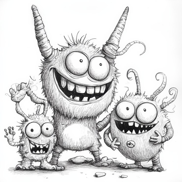 Foto witziges zeichentrickmonster mit freunden schwarz-weiß-illustration für kinder
