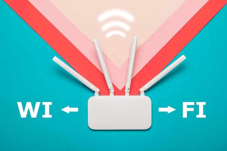 Foto wlan-router mit einem signalsymbol auf einem mehrfarbigen hintergrund. organisation von drahtlosen netzwerken.