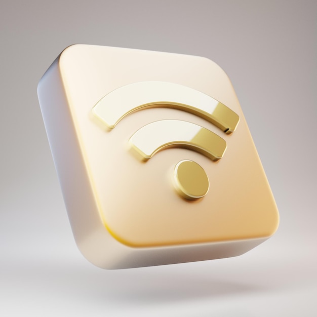 WLAN-Symbol. Goldenes Wi-Fi-Symbol auf mattgoldener Platte. 3D-gerendertes Social Media-Symbol.