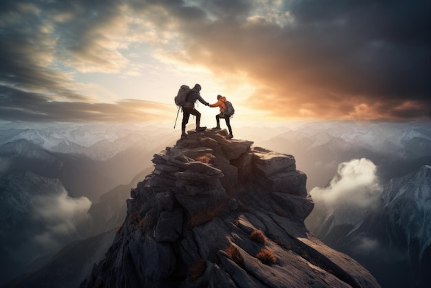 Foto wo gente en la cima de una montaña ayuda de un escalador un escalador ayuda a otra persona a subir a la