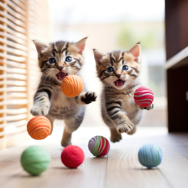 Wo tabby Kätzchen spielen zusammen mit einem Ball Garn