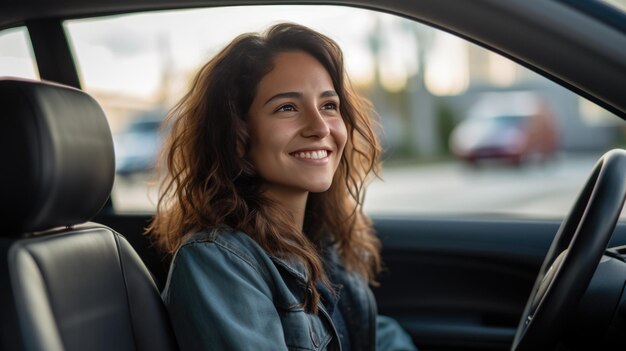 Foto woan senta-se ao volante de um carro e sorri