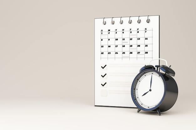 Wochen, Arbeitstage und Feiertagskonzept umgeben von Arbeitsdiagrammen und gelber Uhr mit Kalender auf weißem Hintergrund 3D-Rendering
