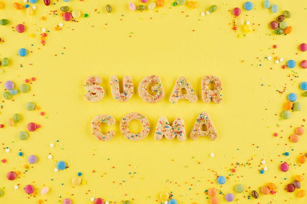 Wods de coma de azúcar hechos de galletas caseras decoradas dulces, dieta y concepto de alimentación saludable