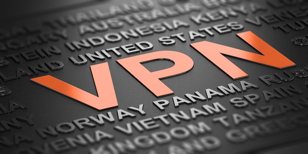Wörter bewölken sich über schwarzem Hintergrund mit dem Akronym VPN in orangefarbenen Buchstaben. Virtuelles privates Netzwerkkonzept. 3D-Darstellung