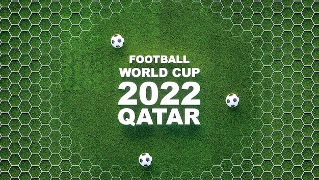 Foto wörter fußballweltmeisterschaft 2022 katar auf grünem fußballrasenhintergrund mit sechseckigem design 3d-rendering