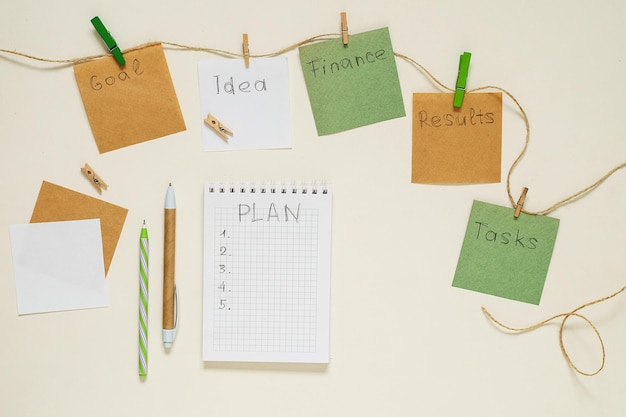 Wörter Ziel, Idee, Aufgaben, Finanzen, Ergebnisse, Plan auf Papieraufklebern mit Wäscheklammern an einem Seil und einem Notizbuch