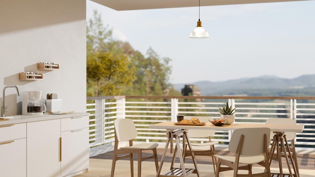 Wohn-Esszimmer und Küche mit Kochbereich und Balkon mit Bergblick