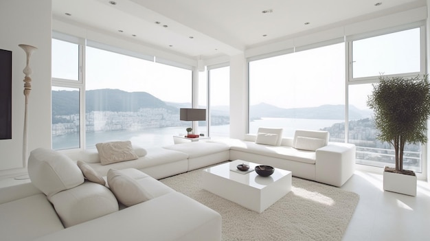 Wohnbereich mit schöner Aussicht, strahlend weiße generative KI
