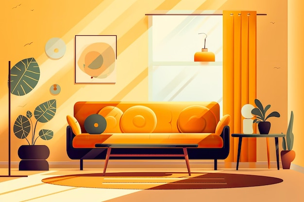 Wohnbereich mit Sofa, Lampe, Fenster und Pflanzen. Flache Illustration