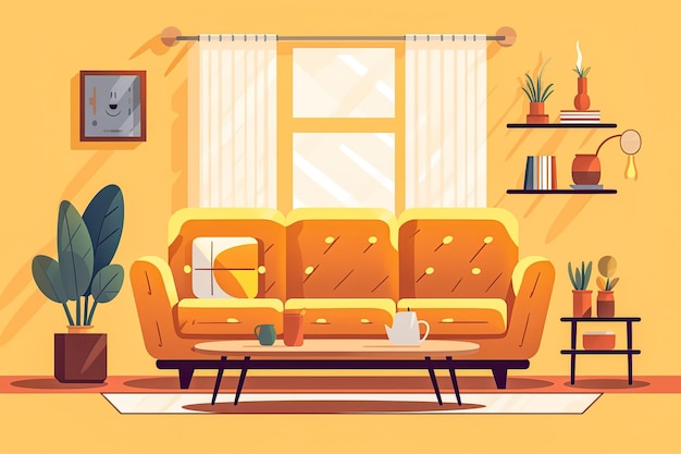 Wohnbereich mit Sofa, Lampe, Fenster und Pflanzen. Flache Illustration