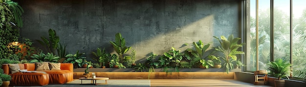 Wohnung im städtischen Dschungel mit Boden- und Deckenpflanzen und grünen Wänden