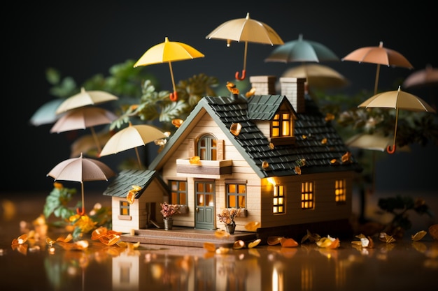 Wohnungsversicherung, symbolisiert durch ein Holzhausmodell und Personen, die einen Regenschirm tragen