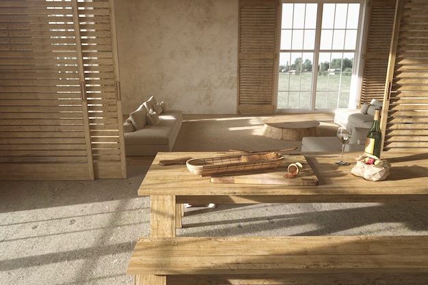 Wohnzimmer aus Holz im skandinavischen Stil und Esstisch mit Essen 3D-Render-Illustration