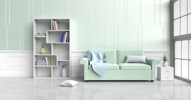 Wohnzimmer Dekor grün Sofa, Blume, Kissen, Bücherregal, Decke, Fenster, grün - weiße Wand. 3d