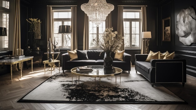 Wohnzimmer-Dekor, Innenarchitektur, Art-Deco-Glam-Stil